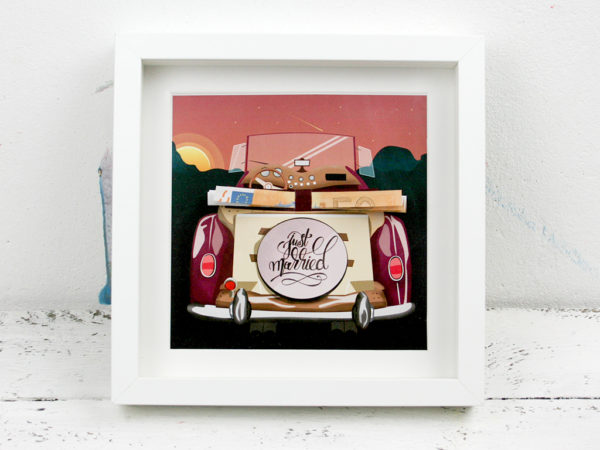 Illustration Hochzeit "Just married", Hochzeitsgeschenk Idee, Geschenk brautpaar, Geldgeschenk