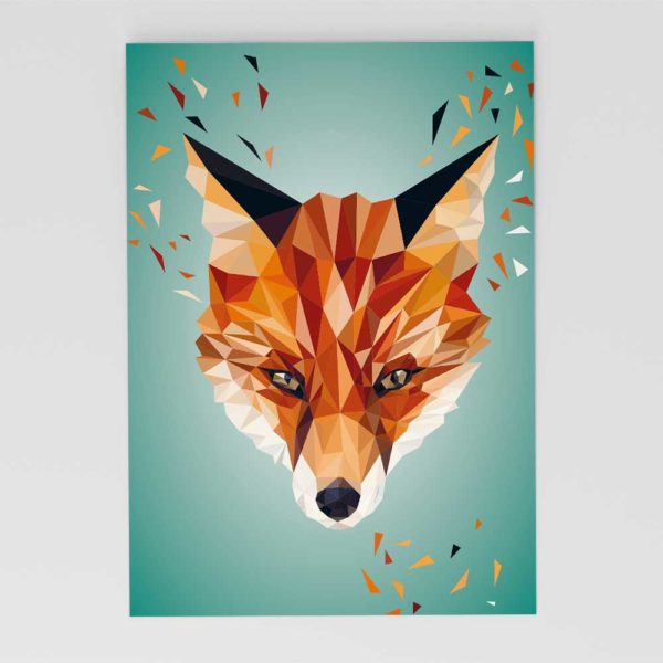 Fuchs Postkarte, Tierportrait im Lowpoly-Stil, Illustration von Annika Kuhn, klimaneutral und in Kleinserie produziert