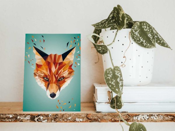 Fuchs Postkarte, Tierportrait im Lowpoly-Stil, Illustration von Annika Kuhn, klimaneutral und in Kleinserie produziert