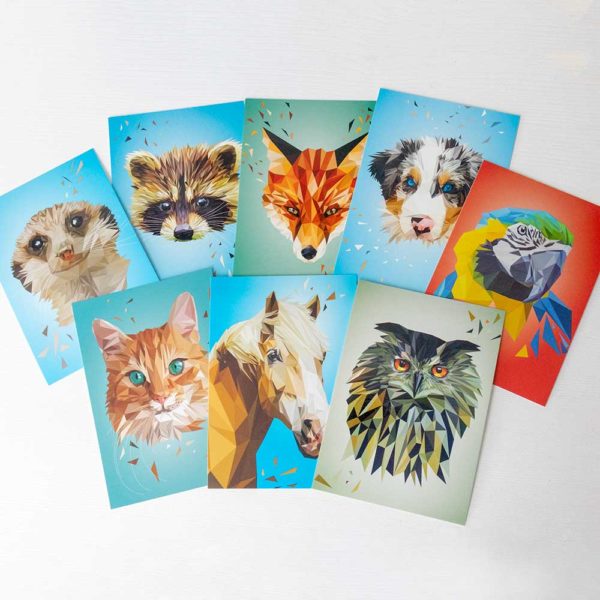 Postkartenset, Tierportraits im Lowpoly-Stil, Illustration von Annika Kuhn, klimaneutral und in Kleinserie produziert